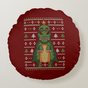 Cute Dinosaur Christmas Tree Ugly Sweater Design Round Pillow