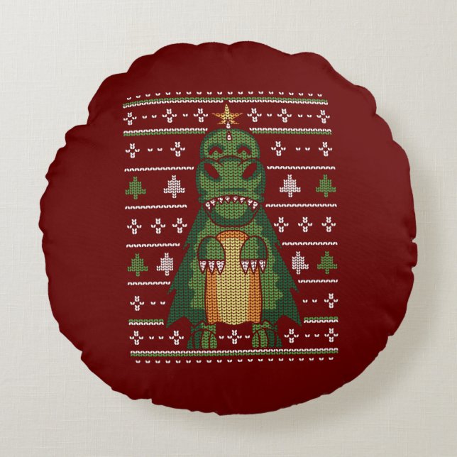 Cute Dinosaur Christmas Tree Ugly Sweater Design Round Pillow (Front)