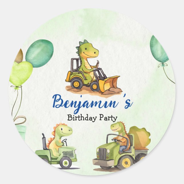 Cute dinosaur construction truck balloon Birthday  Classic Round Sticker (Front)