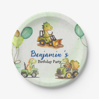 Cute dinosaur construction truck balloon Birthday Paper Plate