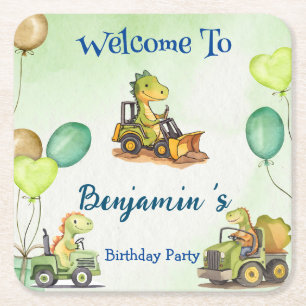 Cute dinosaur construction truck balloon Birthday Square Paper Coaster