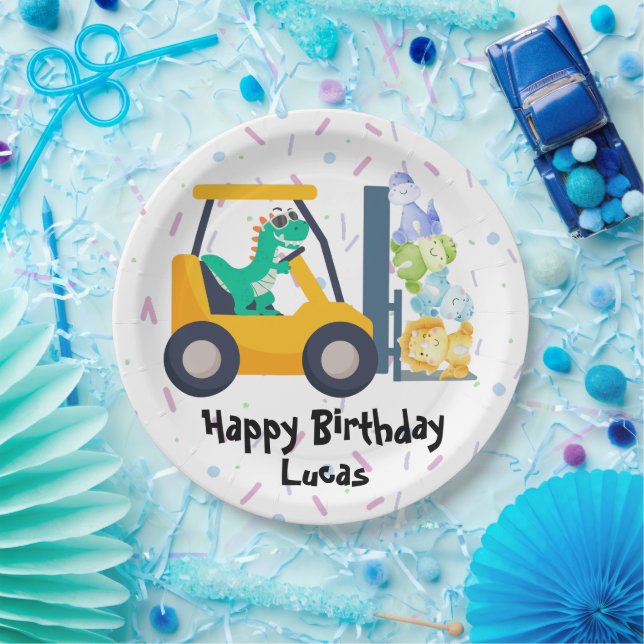 Cute dinosaur Construction Truck boy B2S Birthday  Paper Plate (Party)