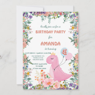 Cute dinosaur crown balloon flora Birthday Party Invitation