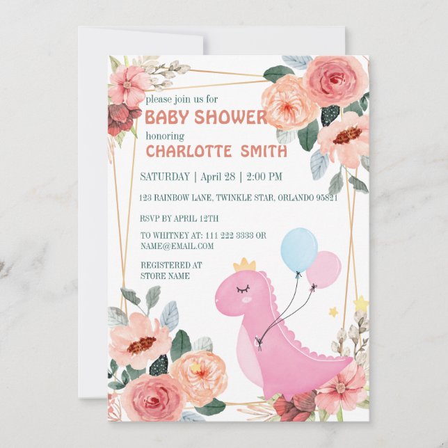 Cute dinosaur crown balloon floral baby shower invitation (Front)