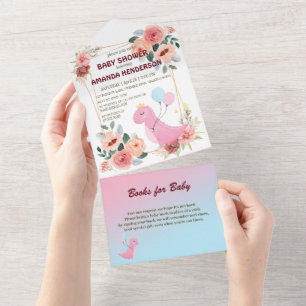 Cute dinosaur crown balloon flower baby shower all in one invitation