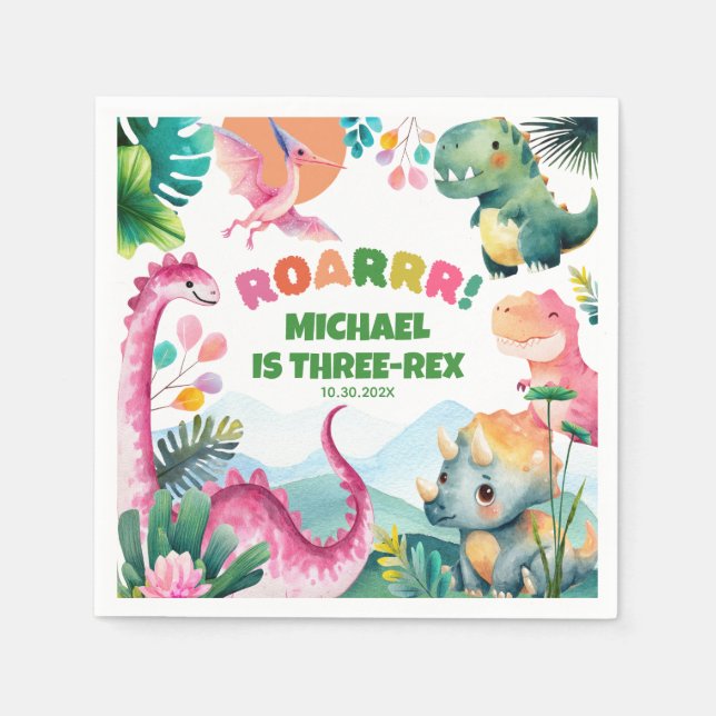 Cute Dinosaur Dig Prehistoric Kids 3rd Birthday  Napkin (Front)