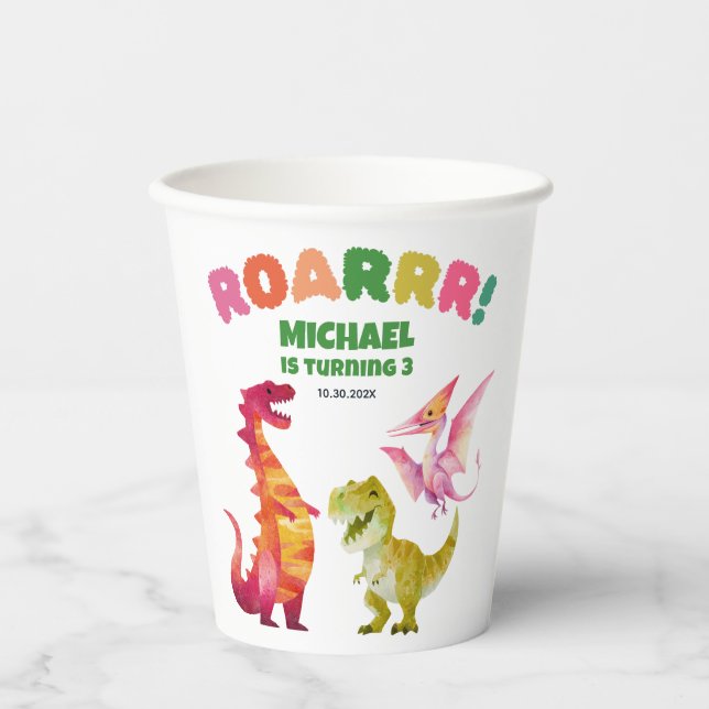 Cute Dinosaur Dig Watercolor Dino Kids Birthday  Paper Cups (Front)