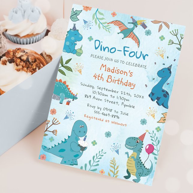 Cute Dinosaur Dino Four 4th Birthday Party Invitation (Creator Uploaded)