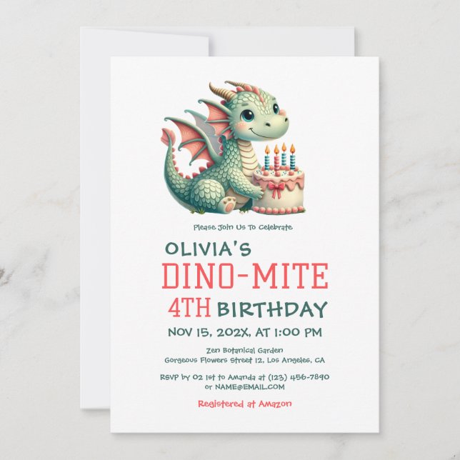 Cute Dinosaur Dino- Mite Birthday Party Invitation (Front)