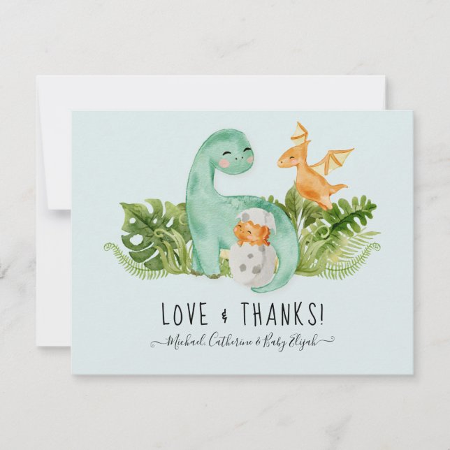Cute Dinosaur Dino Thank You Note Baby Boy Shower (Front)