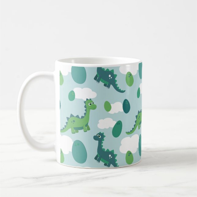 Cute dinosaur eggs blue green pattern  coffee mug (Left)