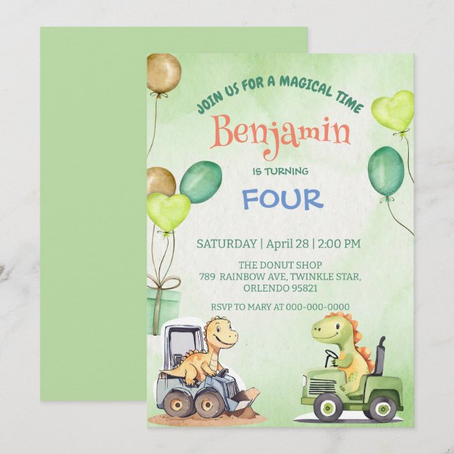 Cute dinosaur Excavator tractor balloon Birthday Invitation (Front/Back)