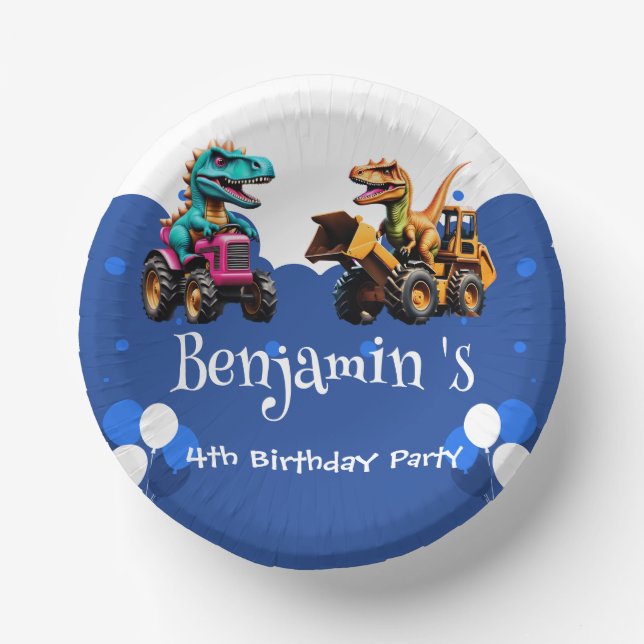 Cute dinosaur Excavator tractor balloon Birthday  Paper Plate (Front)