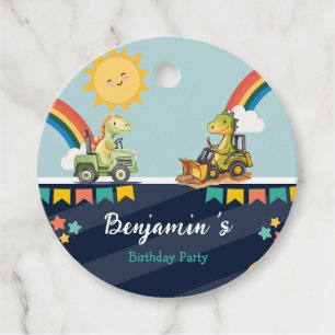 Cute dinosaur Excavator tractor rainbow Birthday Favour Tags