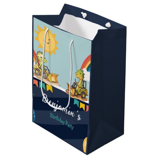 Cute dinosaur Excavator tractor rainbow Birthday  Medium Gift Bag (Front Angled)