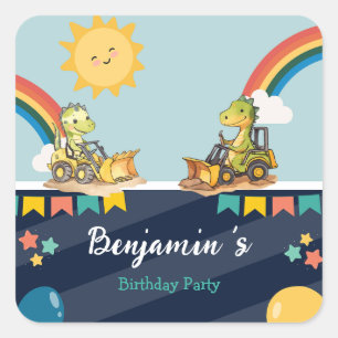 Cute dinosaur Excavator tractor rainbow Birthday  Square Sticker