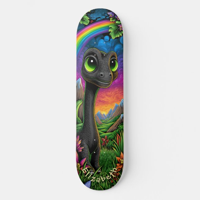 Cute Dinosaur Fantasy Mountains Cool Children Art Skateboard (Front)