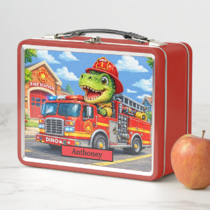 Cute Dinosaur Fire Truck Kids T Rex Metal Lunch Box