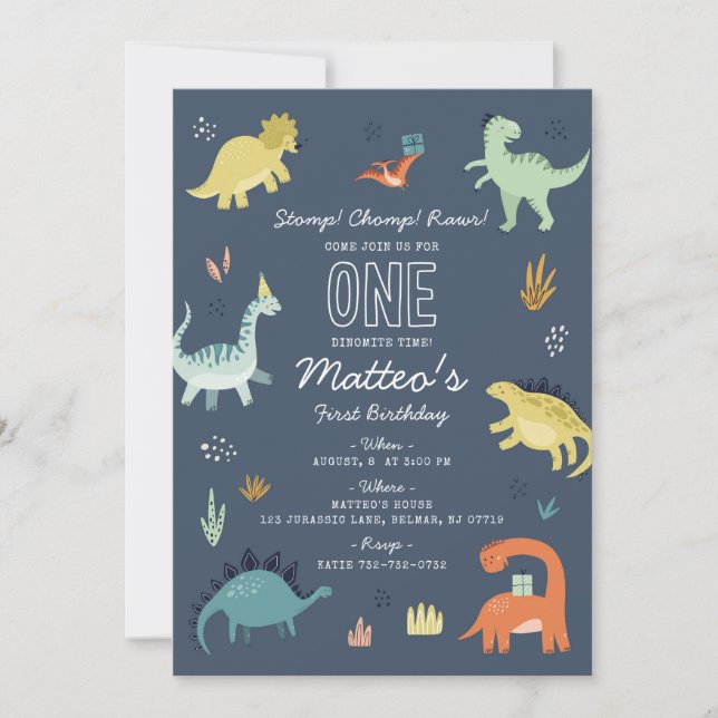 Cute Dinosaur First Birthday Party Invitation (Front)