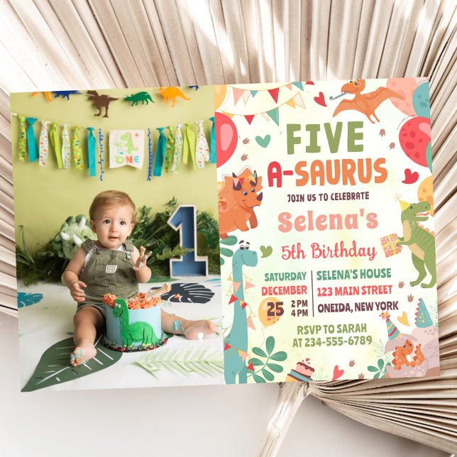Cute Dinosaur Five-A-Saurus 5th Birthday Photo Invitation (Creator Uploaded)