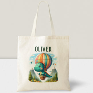 Cute Dinosaur Flying in a Hot Air Balloon Tote Bag