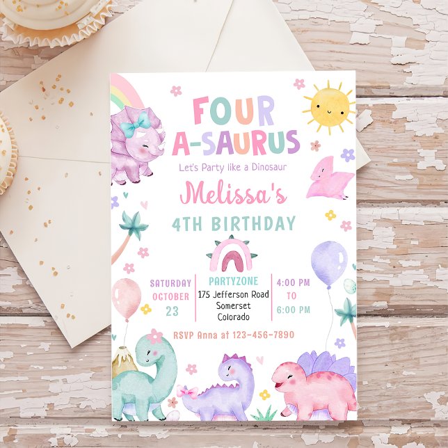 Cute Dinosaur Four-A-Saurus 4th Birthday Party Invitation (Creator Uploaded)