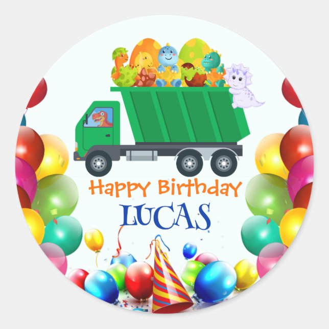 Cute Dinosaur garbage truck balloon birthday boy  Classic Round Sticker (Front)