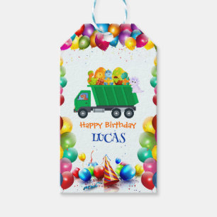 Cute Dinosaur garbage truck balloon birthday boy  Gift Tags