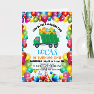 Cute Dinosaur garbage truck balloon birthday boy  Invitation