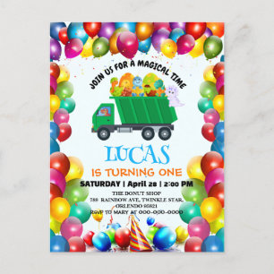 Cute Dinosaur garbage truck balloon birthday boy Invitation Postcard