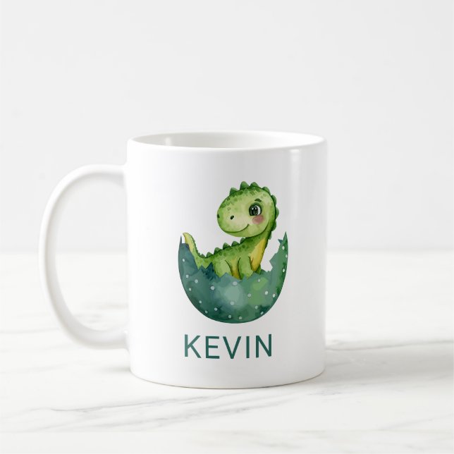 Cute Dinosaur Gender Neutral Watercolor Custom Kid Coffee Mug (Left)