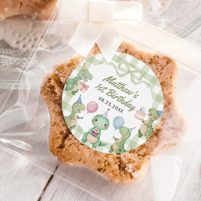 Cute Dinosaur Gingham 1st Birthday Party Classic Round Sticker (Creator Uploaded)