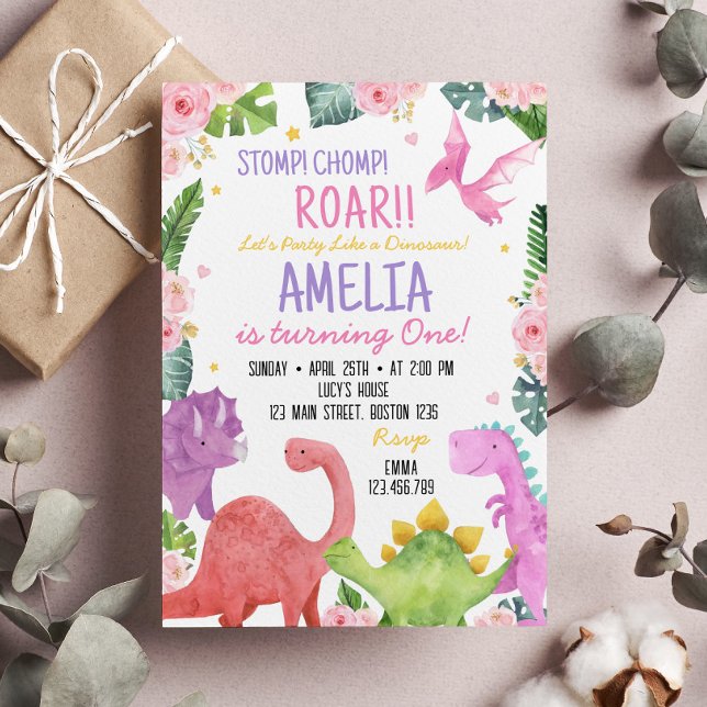 Cute Dinosaur Girl Birthday Party Invitation (Creator Uploaded)