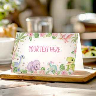Cute Dinosaur Girl Pink Floral Birthday Food Tent Place Card