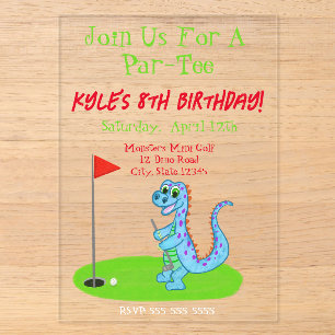 Cute Dinosaur Golf Themed Kids Birthday  Acrylic Invitations