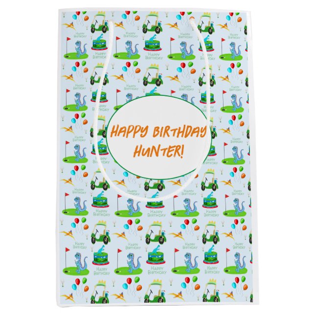Cute Dinosaur Golf Themed Kids Happy Birthday Medium Gift Bag (Front)