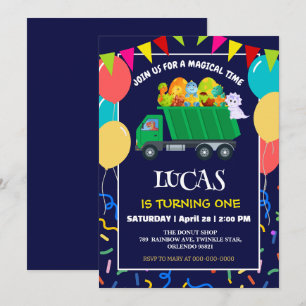 Cute Dinosaur Green garbage truck birthday boy kid Invitation