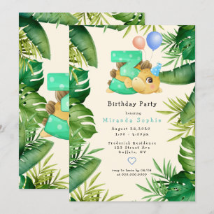 Cute Dinosaur Green Leaves 3rd Birthday Party Invitation