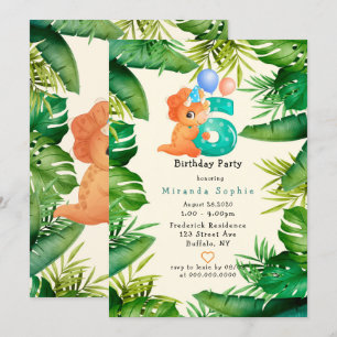 Cute Dinosaur Green Leaves 6th Birthday Party Invitation