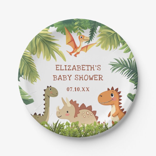 Cute Dinosaur Greenery Baby Shower Paper Plate (Front)