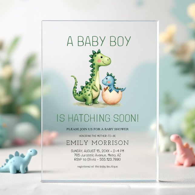 Cute Dinosaur Hatching Soon Baby Boy Shower Acrylic Invitations (Creator Uploaded)