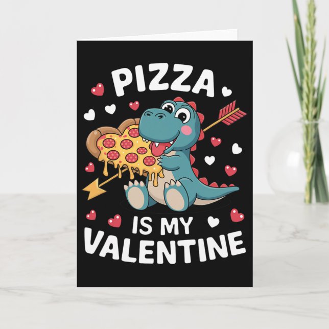 Cute Dinosaur Holding Pizza For A Fun Valentine's  Card (Front)