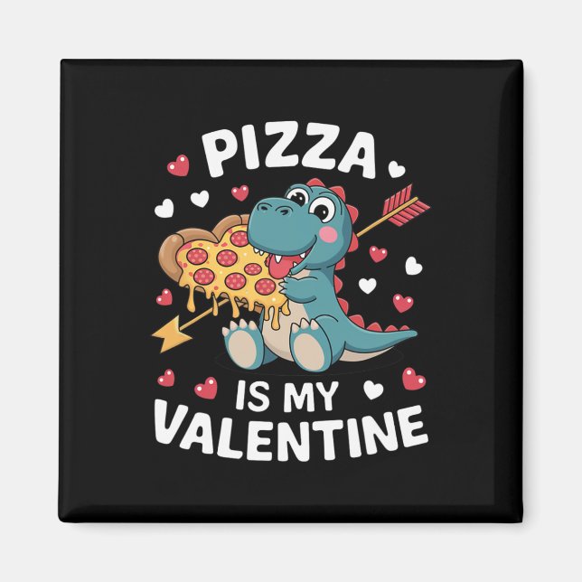 Cute Dinosaur Holding Pizza For A Fun Valentine's  Magnet (Front)