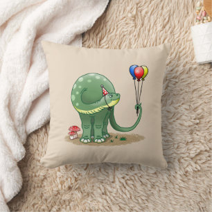 Cute Dinosaur Holding the Balloons Throw Pillow