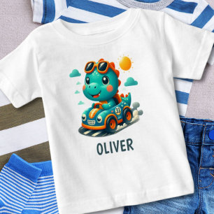 Cute Dinosaur in a Racing Car Personalized Baby T-Shirt