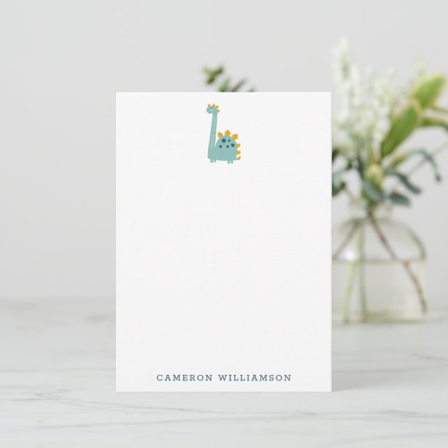 Cute Dinosaur in Blue Personalized Stationery  Thank You Card (Standing Front)