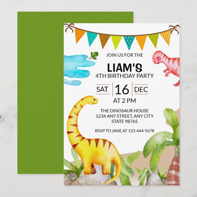 Cute Dinosaur Invitation de fête d'anniversaire (Devant / Derrière)