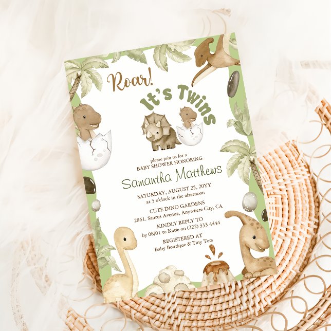 Cute Dinosaur 'It's a Twins' Baby Shower  Invitation (Creator Uploaded)