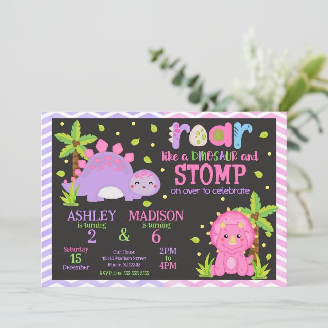 Cute Dinosaur Joint Birthday  Invitation (Standing Front)