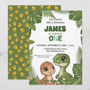 Cute Dinosaur Jungle First Birthday Invitation
